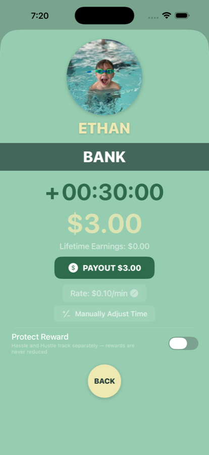 The HassleTime Bank screen, showing a child’s balance of earned time and money.