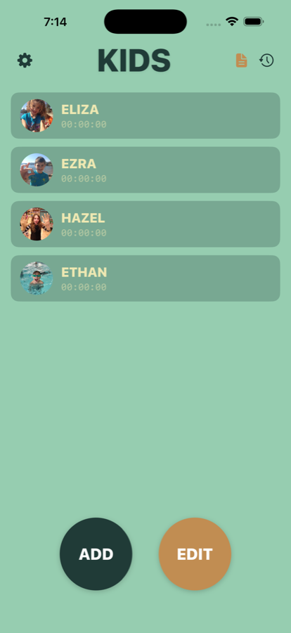The HassleTime Kids screen: a list of each child with their current time, and buttons to add or edit profiles.