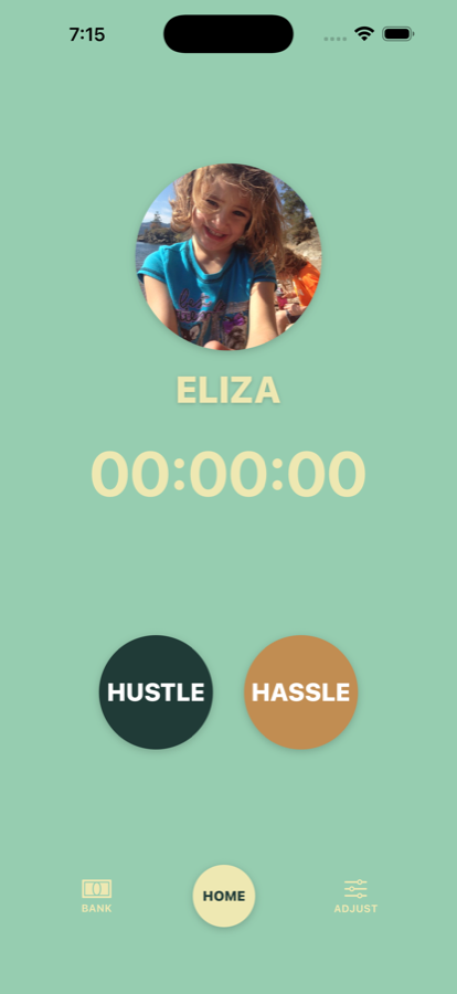 HassleTime on iPhone: a child's profile with a running timer and two buttons — Hustle and Hassle — plus Bank, Home, and Adjust tabs along the bottom.